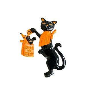 Halloween Black Cat Trick or Treat Brooch Pin with Orange Accents Vintage